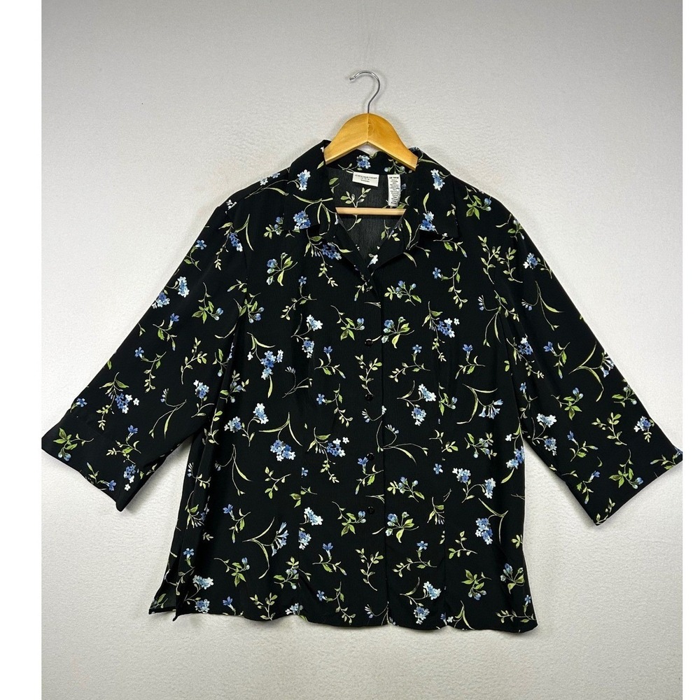 Cottagecore Covington Women 16-18W Black Floral 3/4 Sleeve Button Front Blouse